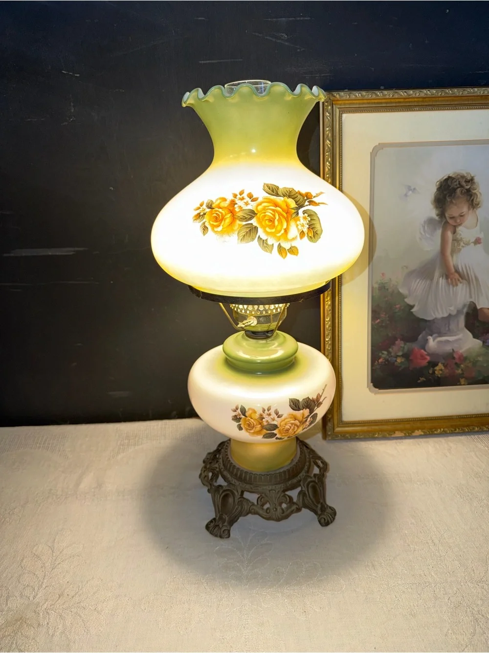 Vintage Floral Hurricane Lamp in Yellow, Green & White